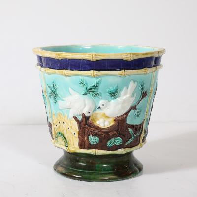 Pair of Signed Majolica Ceramic Cachepots w Birds Nests Bamboo Border Detail