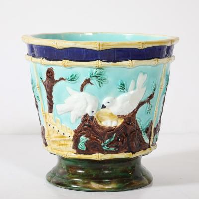 Pair of Signed Majolica Ceramic Cachepots w Birds Nests Bamboo Border Detail