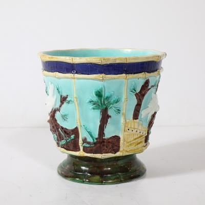 Pair of Signed Majolica Ceramic Cachepots w Birds Nests Bamboo Border Detail