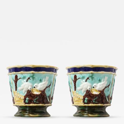 Pair of Signed Majolica Ceramic Cachepots w Birds Nests Bamboo Border Detail