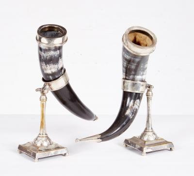 Pair of Silver Rimmed Horn Cups in Stands