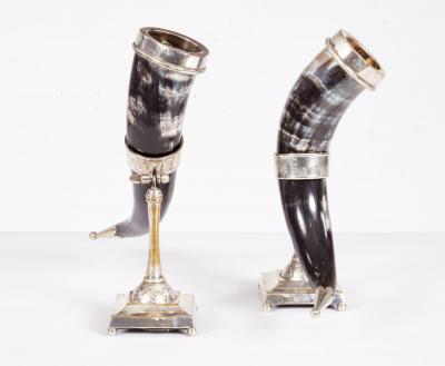 Pair of Silver Rimmed Horn Cups in Stands