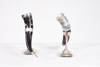 Pair of Silver Rimmed Horn Cups in Stands