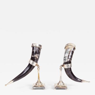Pair of Silver Rimmed Horn Cups in Stands