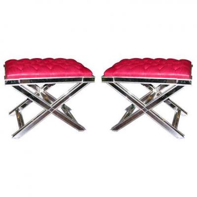 Pair of Silver Trim Mirrored X Band Benches with Red Tufted Leather Top