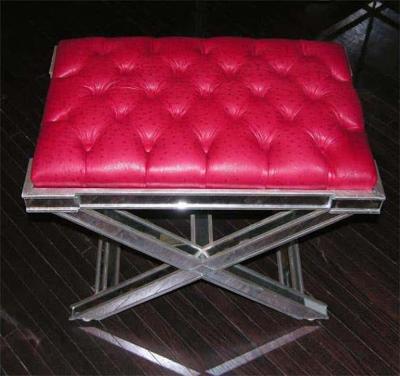 Pair of Silver Trim Mirrored X Band Benches with Red Tufted Leather Top