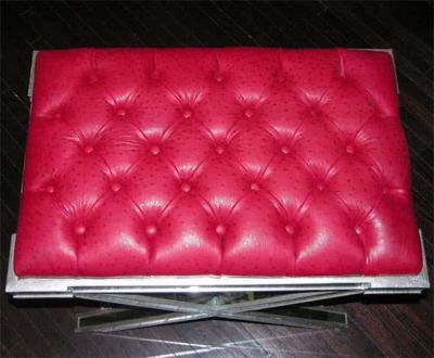 Pair of Silver Trim Mirrored X Band Benches with Red Tufted Leather Top