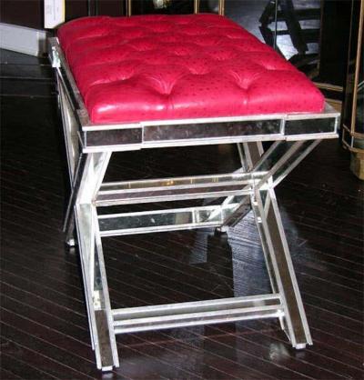 Pair of Silver Trim Mirrored X Band Benches with Red Tufted Leather Top