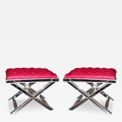 Pair of Silver Trim Mirrored X Band Benches with Red Tufted Leather Top
