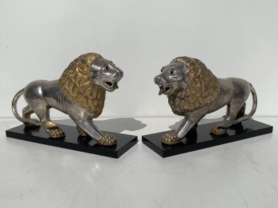 Pair of Silvered Brass Lion Sculptures Bookends