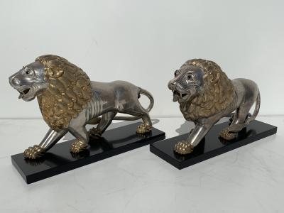 Pair of Silvered Brass Lion Sculptures Bookends
