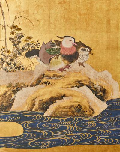 Pair of Six Panel Japanese Screens Early Snow