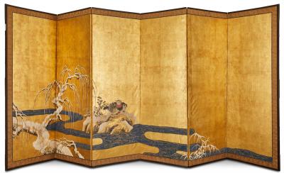 Pair of Six Panel Japanese Screens Early Snow