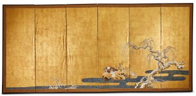 Pair of Six Panel Japanese Screens Early Snow