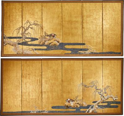 Pair of Six Panel Japanese Screens Early Snow