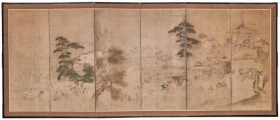 Pair of Six Panel Screens Whale Hunting and Harvesting