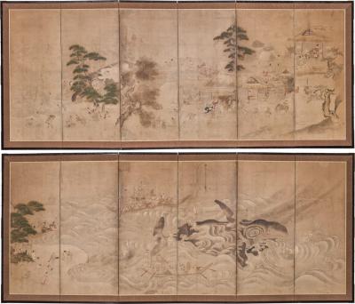 Pair of Six Panel Screens Whale Hunting and Harvesting