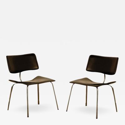 Pair of Slender Italian Stitched Leather Lounge Chairs