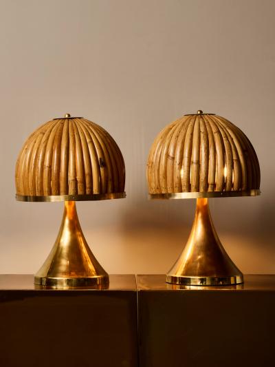 Pair of Small Brass Table Lamps with Bamboo Shades