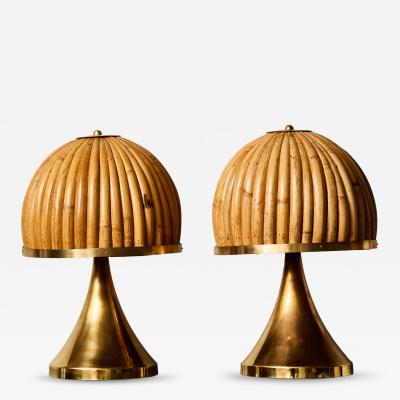 Pair of Small Brass Table Lamps with Bamboo Shades