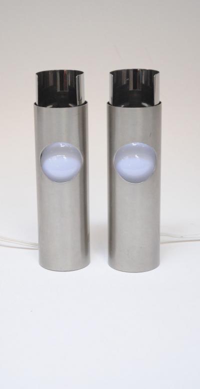 Pair of Small Italian Cylindrical Aluminum Bedside Lamps by Gaetano Missaglia