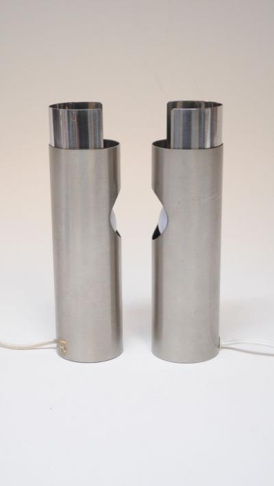 Pair of Small Italian Cylindrical Aluminum Bedside Lamps by Gaetano Missaglia