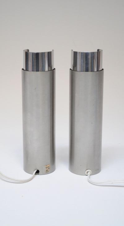 Pair of Small Italian Cylindrical Aluminum Bedside Lamps by Gaetano Missaglia