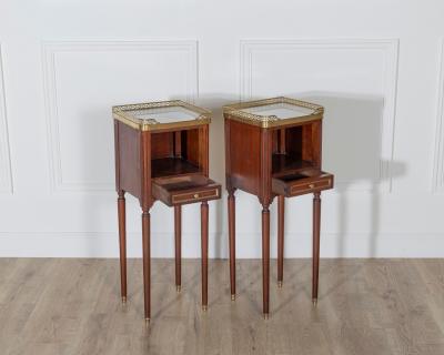 Pair of Small Louis XVI Style Mahogany Bedside Tables with Marble Tops