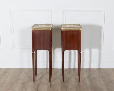 Pair of Small Louis XVI Style Mahogany Bedside Tables with Marble Tops