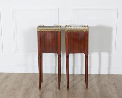Pair of Small Louis XVI Style Mahogany Bedside Tables with Marble Tops