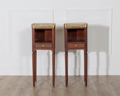 Pair of Small Louis XVI Style Mahogany Bedside Tables with Marble Tops