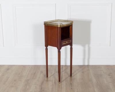 Pair of Small Louis XVI Style Mahogany Bedside Tables with Marble Tops
