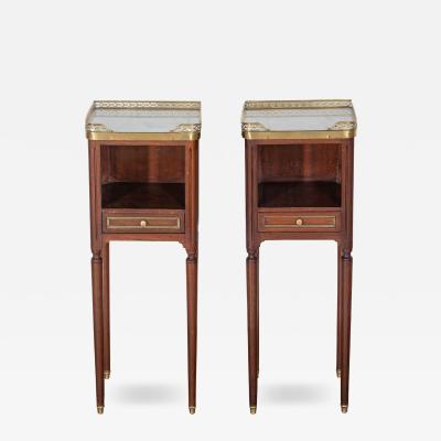 Pair of Small Louis XVI Style Mahogany Bedside Tables with Marble Tops