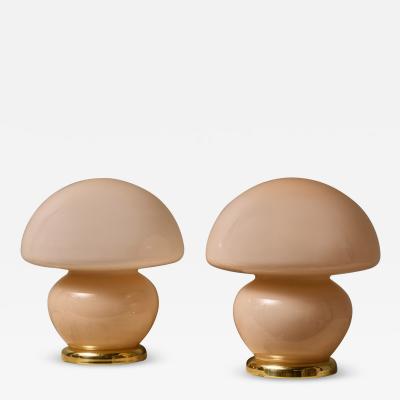 Pair of Small Mushroom Shaped Pink Murano Glass Table Lamps with Brass