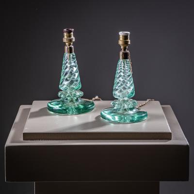 Pair of Small Table Lamps with Glass Base by Seguso Vetri d Arte Italy 1940s