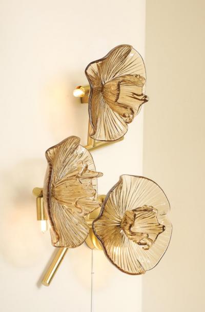 Pair of Smoked Murano Flower Floral Glass and Brass Sconces Italy