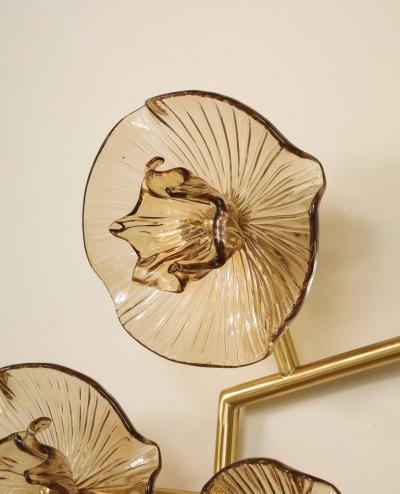 Pair of Smoked Murano Flower Floral Glass and Brass Sconces Italy