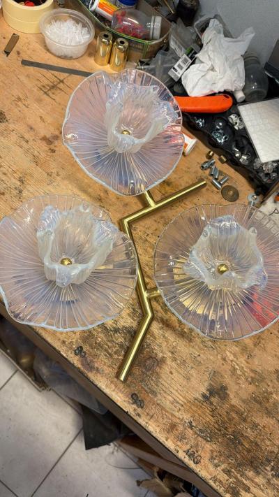 Pair of Smoked Murano Flower Floral Glass and Brass Sconces Italy