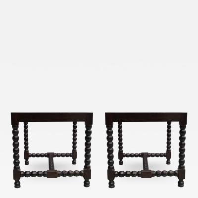 Pair of Sober Modern Neoclassical Carved Wood Stacked Ball Benches Stools