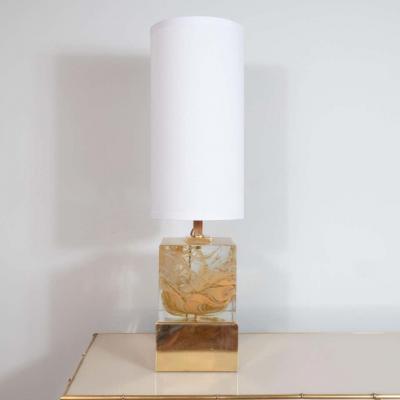 Pair of Solid Murano Glass Amber Color Cube Lamps with Brass Base Italy 2019