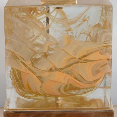 Pair of Solid Murano Glass Amber Color Cube Lamps with Brass Base Italy 2019