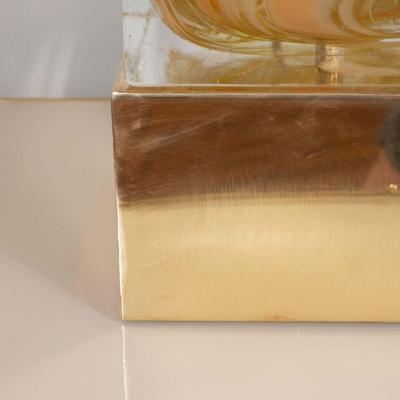 Pair of Solid Murano Glass Amber Color Cube Lamps with Brass Base Italy 2019