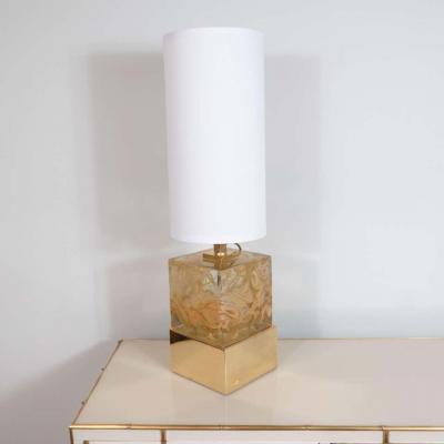 Pair of Solid Murano Glass Amber Color Cube Lamps with Brass Base Italy 2019