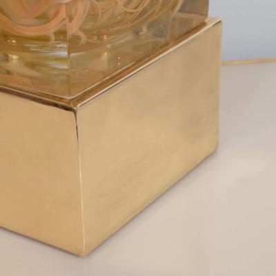 Pair of Solid Murano Glass Amber Color Cube Lamps with Brass Base Italy 2019