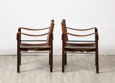 Pair of Spanish 1920s Pebbled Leather and Chrome Safari Armchairs