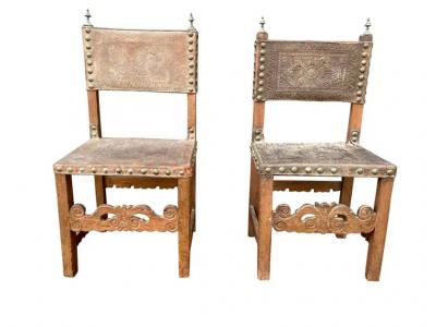 Pair of Spanish Baroque Embossed Leather Side Chairs