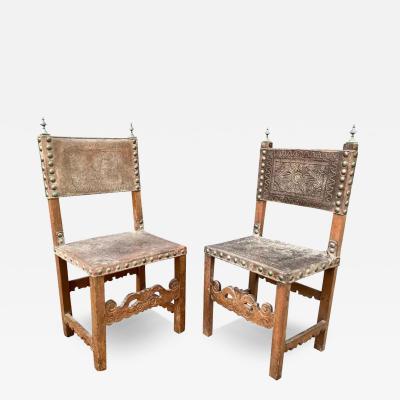 Pair of Spanish Baroque Embossed Leather Side Chairs