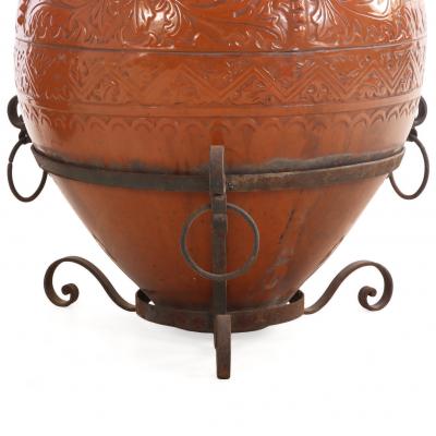 Pair of Spanish Earthenware Pots on Wrought Iron Bases C 1940