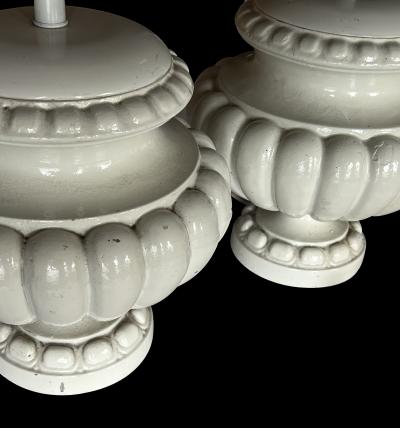 Pair of Spanish Manises Pottery White Glazed Lobed Urns Now as Lamps