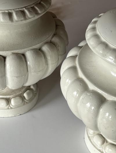 Pair of Spanish Manises Pottery White Glazed Lobed Urns Now as Lamps